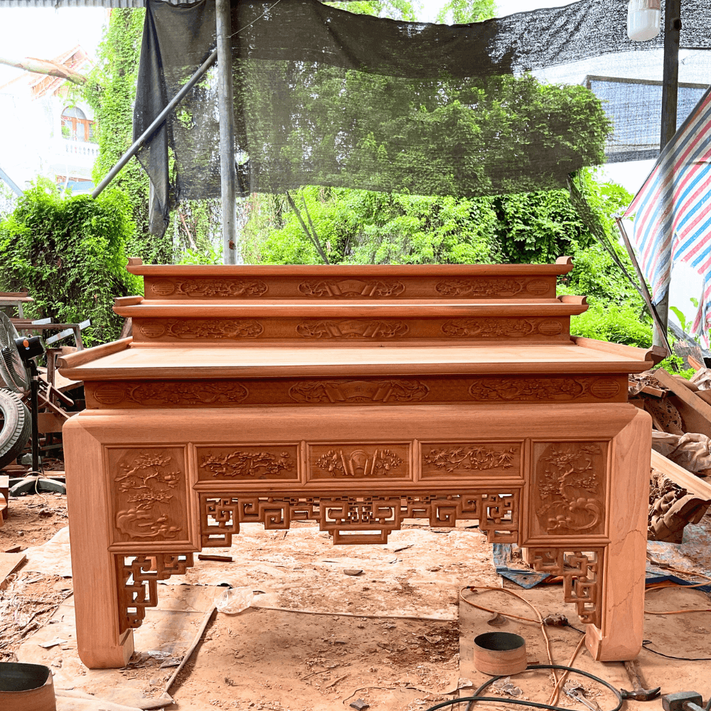 Bàn thờ tam cấp gỗ hương chân 16 dày dặn đẹp tại Đồ Thờ Nam Quỳnh
